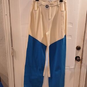 Two-Tone Cream and Blue  Pants Women's Pants Size L